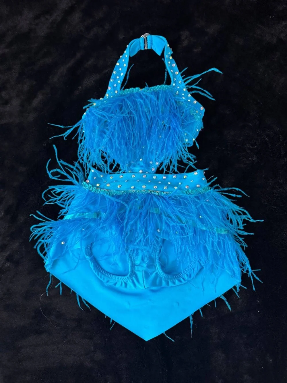 Pumpers Dance Costume Blue Rhinestone Feathers Youth